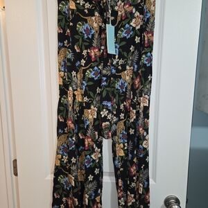 Shore Black Tropical Floral Split Wide-Leg Pants